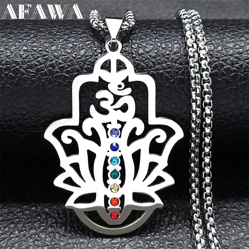 Aesthetic 7 Chakra OM Lotus Flower Pendant Necklace for Women Men Stainless Steel Yoga Healing Chain Jewelry collar N9727S02