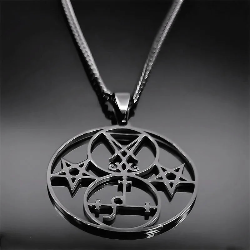 Lilith Pentacle Sigil of Lucifer Church Necklace - Stainless Steel Satan Demon Hollow Pentagram Round Necklaces, Goth Jewelry