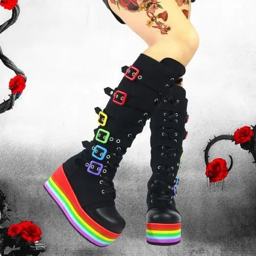 GIGIFOX Brand Big Size 43 Fashion Gothic Rianbow Platform Buckles Zipper Colorful Great Quality Motorcycle Boots Woman Shoes