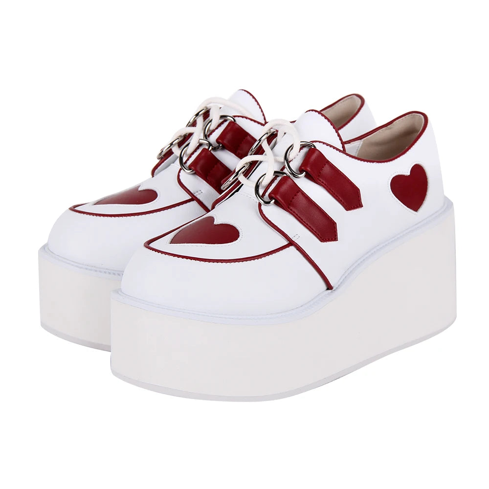 Women’s Punk Rock Chunky Platform Shoes - White with Red Heart Accents and Lace-Up Detail