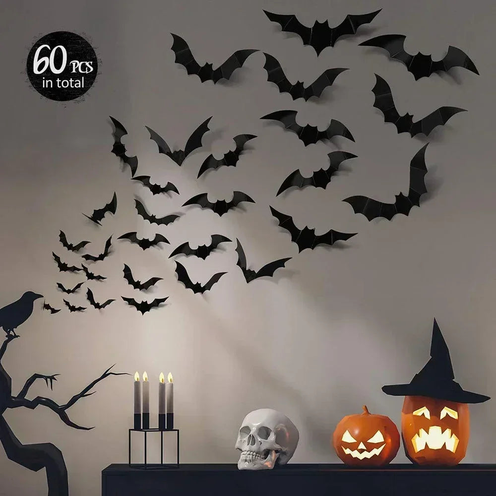 60Pcs Halloween Black Bat Wall Stickers – 3D PVC Bat Decals for Halloween Indoor Decor, Kids Party Wall and Window Stickers