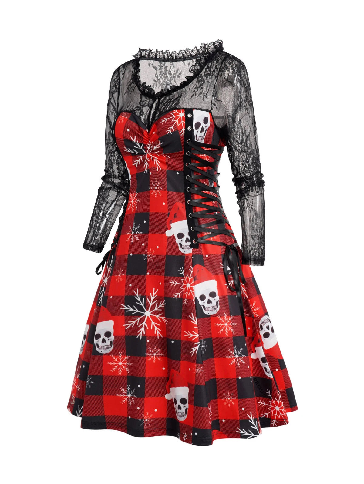 Dressfo 2024 Women's Lace-Up Mini Christmas Dress – Snowflake Skull Plaid with Sheer Lace Long Sleeves, Red Dress