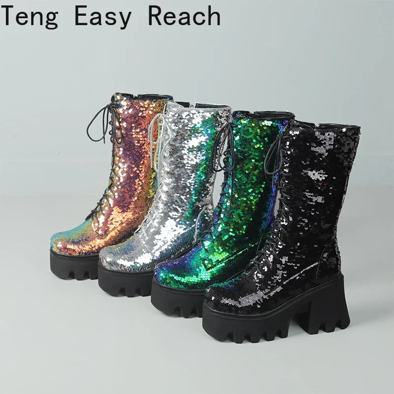 Women’s Lace-up Punk Platform Sequined Ankle Boots