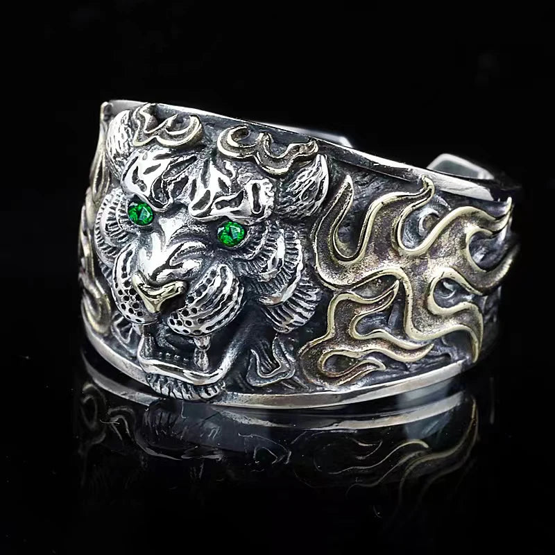 Domineering Green-Eyed Tiger Head Flame Pattern Open Ring – Men's Punk Hip-Hop Rock Trend Jewelry, Anniversary Gift