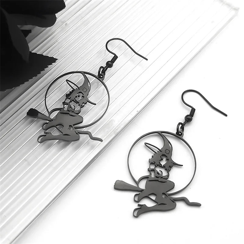 Stainless Steel Dangle Earrings – Witchcraft Black Hollow Pendant, Punk Halloween Jewelry for Women