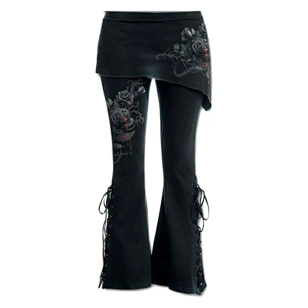 Gothic Punk Lace-Up Black Pants - High Waist Stretch Flared Leggings with Skirt for Women