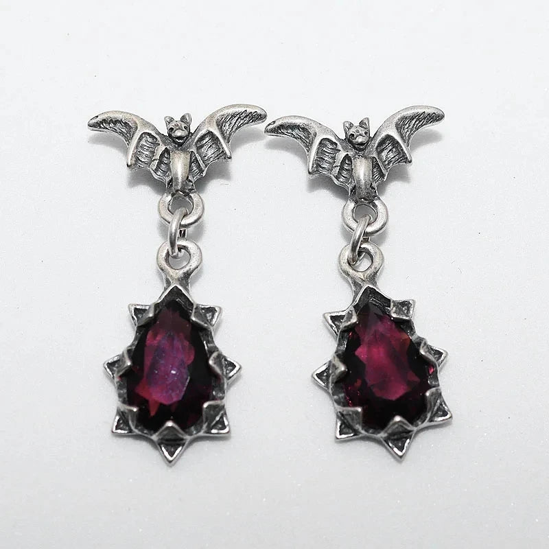 Retro Gothic Punk Style Vampire Bat Red Zircon Earrings - Women's Hypoallergenic Pendant, Halloween Jewelry Gift