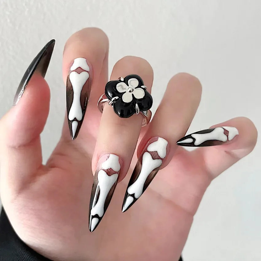 Halloween Black Gradient Skull Pattern Stiletto Press-On Nails - Long Pointed Fake Nail Tips