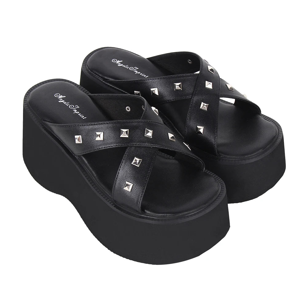 Women’s Lolita Punk Sandals - Chunky Slip-On with Cross Strap and Rivet Detail Platform Shoes