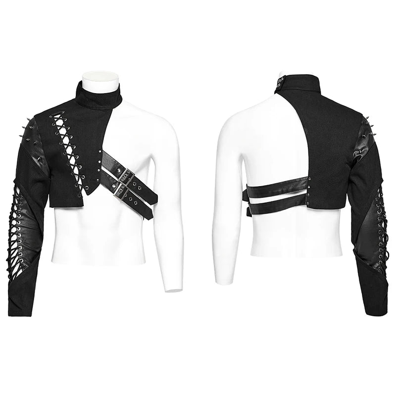 PUNK RAVE Men's Punk Asymmetric One Sleeve Arm Harness Hollow Out Drawstring Design Accessories Men Black Jacket