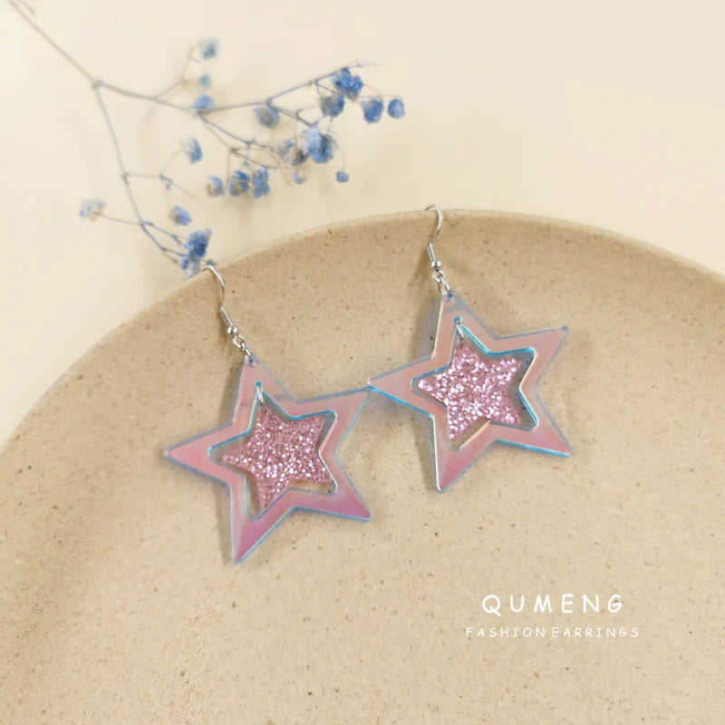 Elegant Retro Bright Pink Acrylic Pentagram Drop Earrings - Simple Laser Geometry Hollow Out, Daily Wear Jewelry