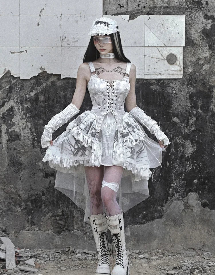 Blood Supply Original Madhouse Vintage Dress – Suede Strap, Punk Niche Trailing Print, Gothic Light Lolita White Dress