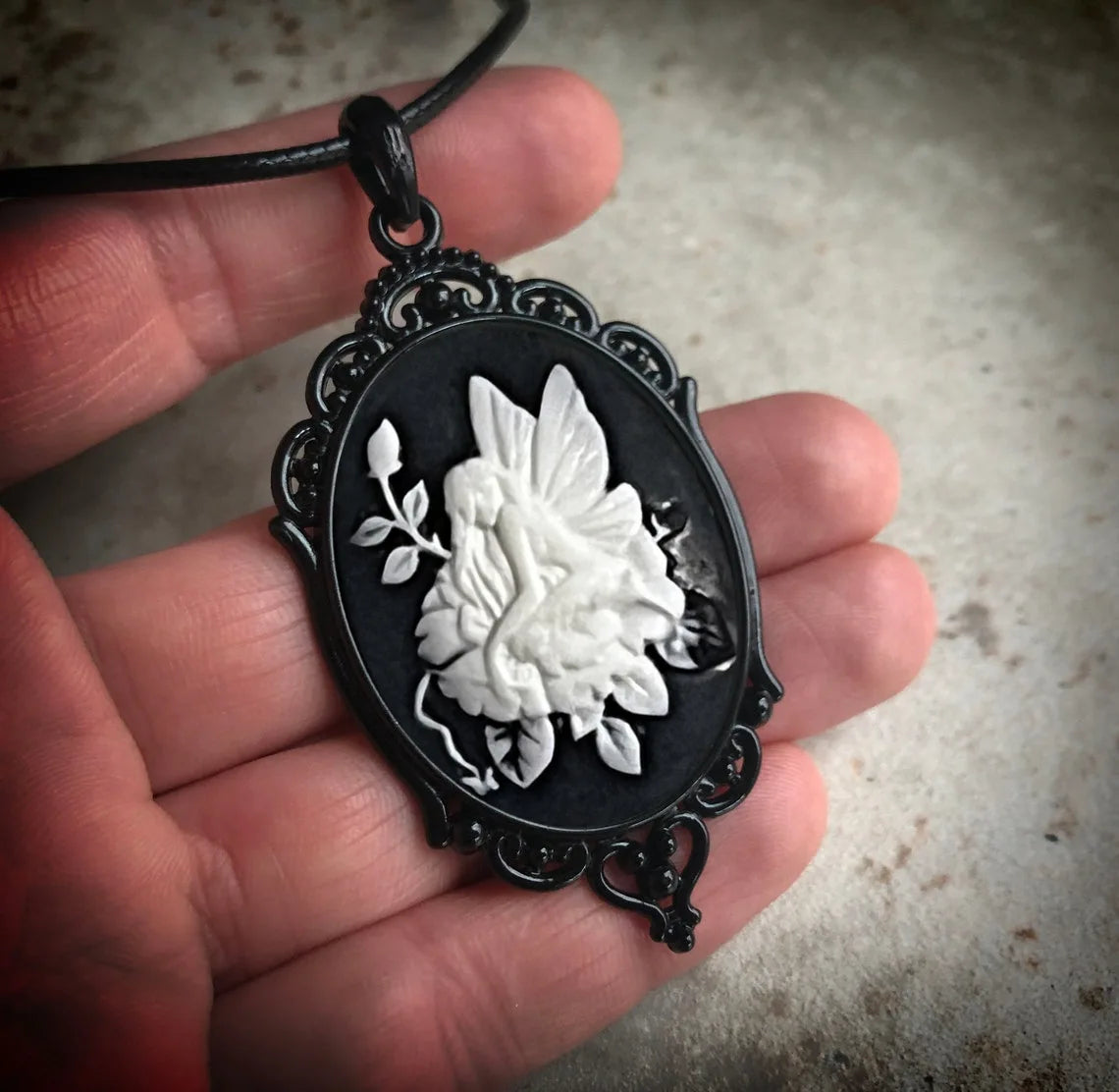 Gothic White Cameo Necklace Rose Skull Butterfly Owl Unicorn Fairy Choker