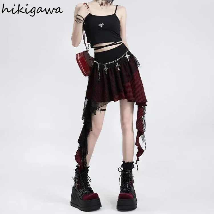 Harajuku Women's High-Waist Lace Plaid Skirt - Irregular Mini Skirt for Summer 2024 Streetwear