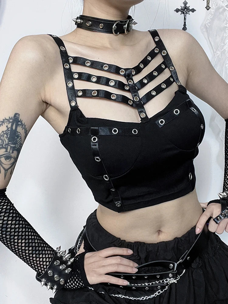 InsGoth Women’s Y2K Gothic Hollow Out Cami Crop Top Cyberpunk Sleeveless Backless Tank Clubwear