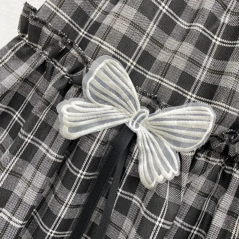 Kawaii Gothic Lolita Plaid Skirt - Women's Goth Bow Black High Waist A-line Mini Skirt, Japanese Style Harajuku Soft Girl