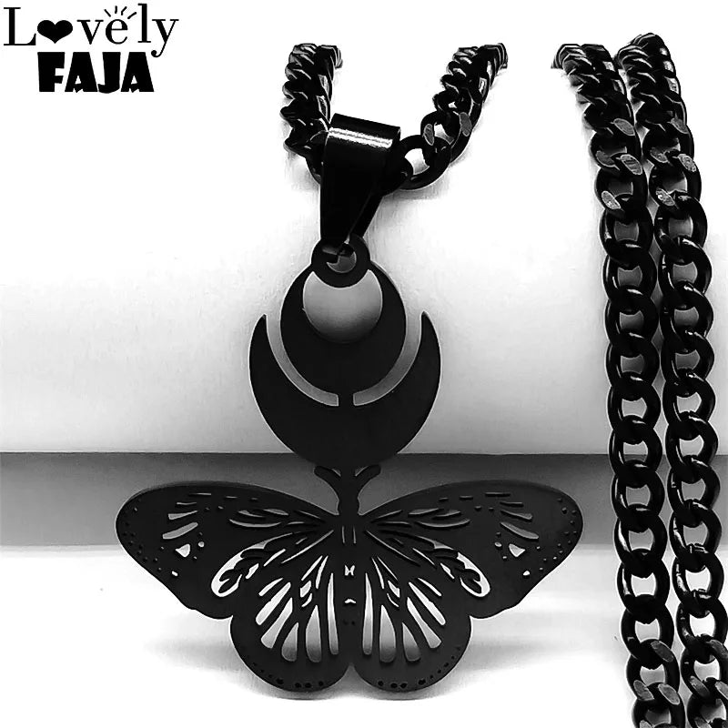 Goth Crescent Moon Butterfly Snake Stainless Steel Black Necklace