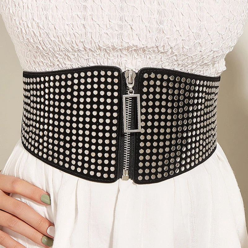 Luxury Goth Punk Rivet Inlay Wide Elastic Plus Size Corset Stretch Belt