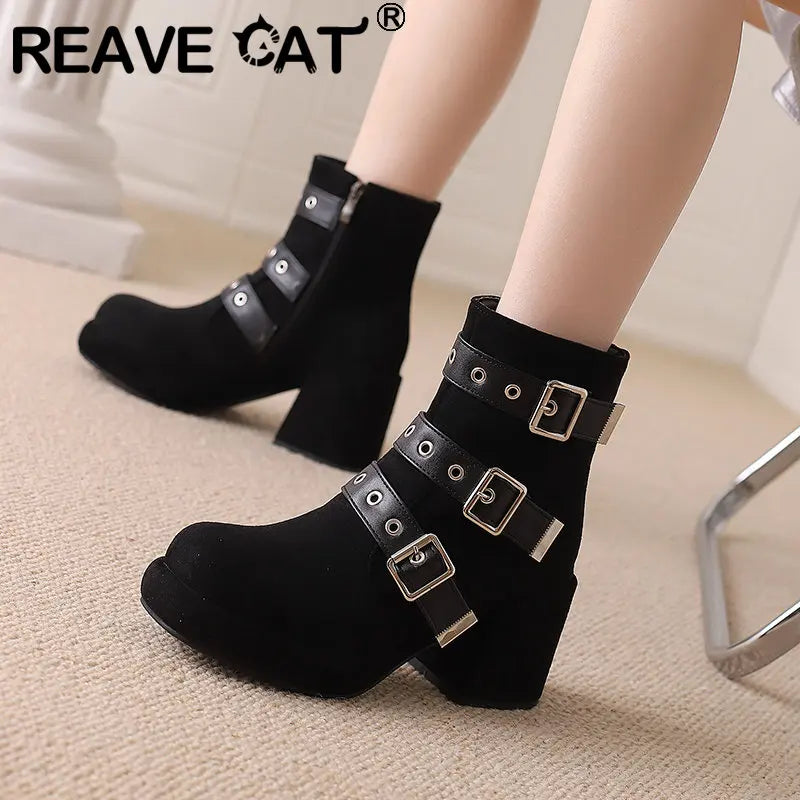 REAVE CAT Flock Suede Women Ankle Boots Round Toe Block Heels 8cm Platform 2.5cm Zipper Belt Buckle Big Size 42 43 Casual Bota