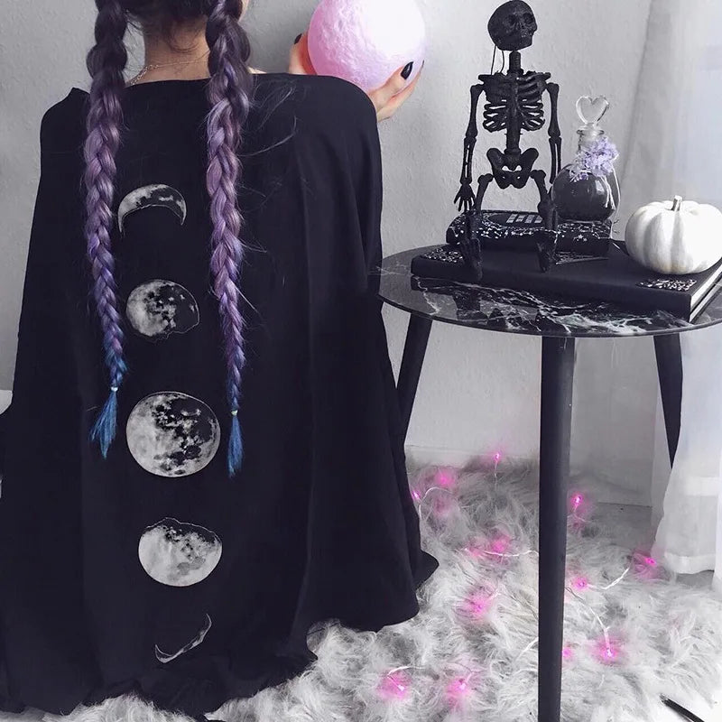 Gothic Black Retro Moon Print Loose Bat Wing Sleeved Cloak Jacket