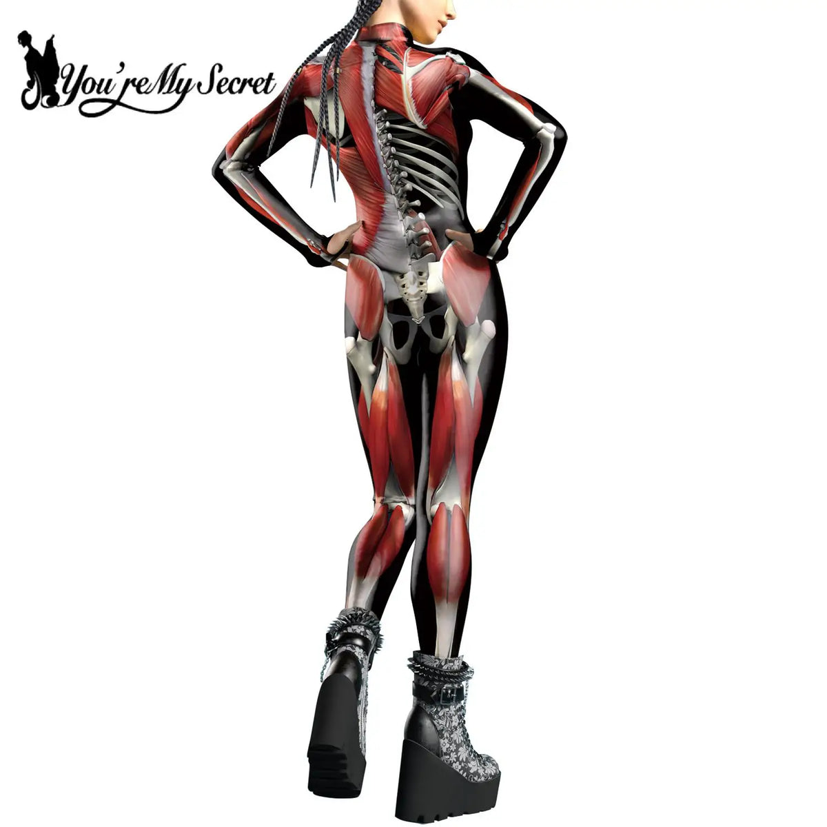 [You're My Secret] Halloween Colorful 3D Skeleton Women Bodysuits Zentai Jumpsuit Front Zipper Cosplay Costume for Female Outfit