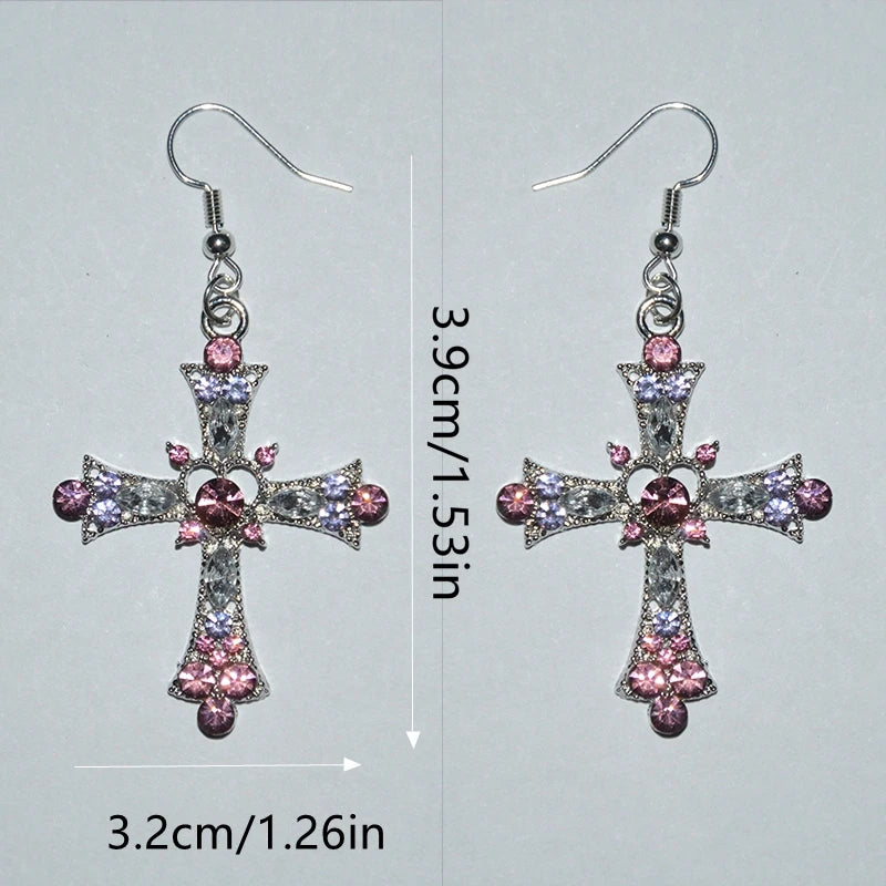 Goth Fancy Retro Pink Heart Cross Purple Zircon Drop Earrings