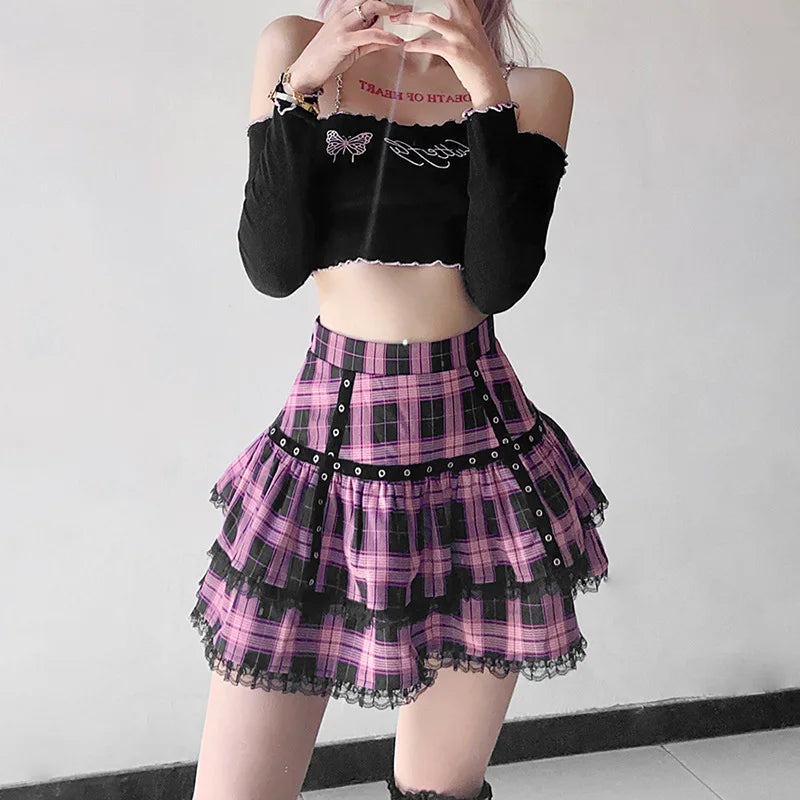 FICHOR Mall Goth Lace Ruffle Mini Skirt | Harajuku Fairy Grunge Pink Plaid Pleated Skirt