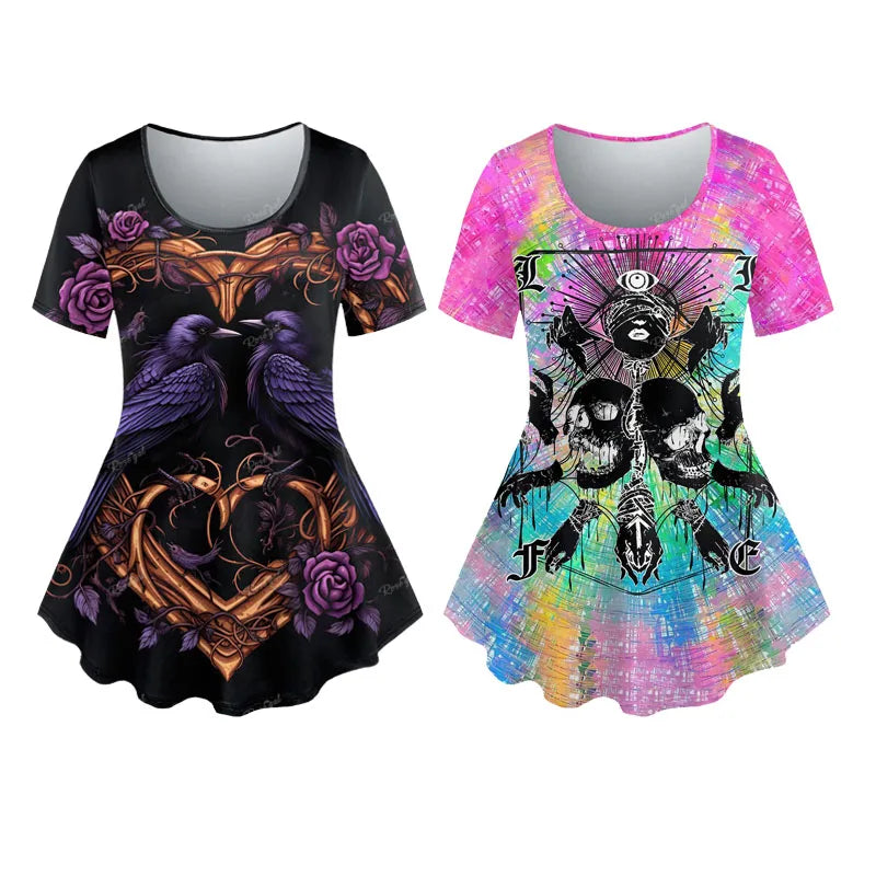 Plus Size Pastel Goth Printed T-Shirt – Soft, High-Stretch Short Sleeve Summer Top for Women