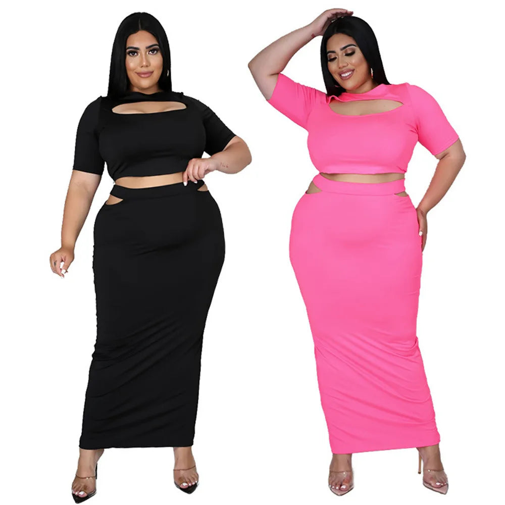 Plus Size Two-Piece Skirt Set – Hollow Out Short Sleeve T-Shirt and Bodycon Skirt, Women's Clubwear