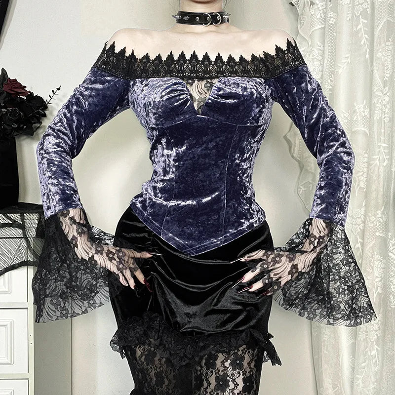 Goth Dark Lace Patchwork Velvet Crop Top – Slim Gothic Slash Neck Pullover Blouse for Autumn/Winte