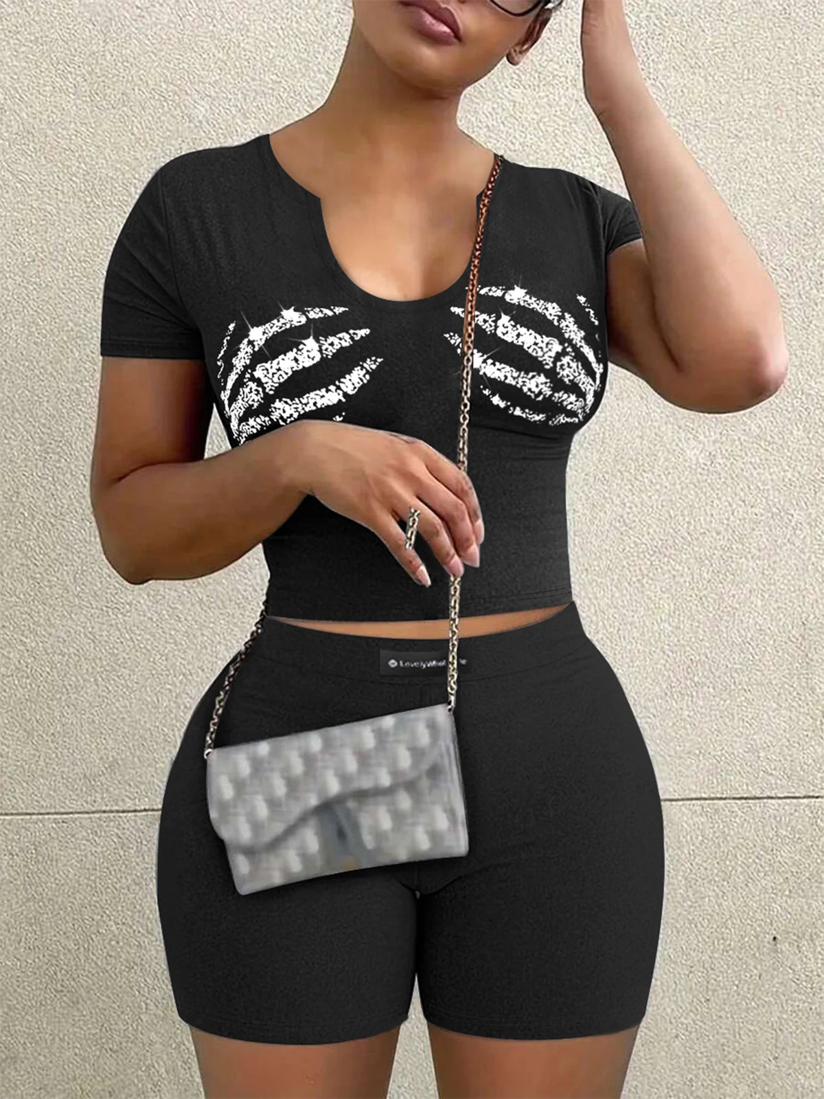 LW BASICS Plus Size Shorts Set – Casual Two-Piece Set with Short Sleeve Skeleton Print Crop Top + Skinny Shorts for Women