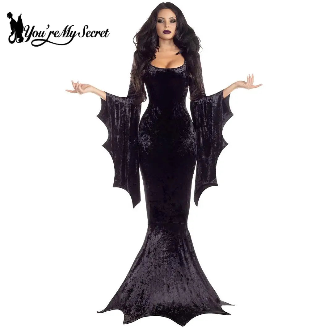 [You're My Secret] Women Witch Costume Velvet Vintage Black Gothic Morticia Mermaid Dress Female Halloween Cosplay Outfit Robe