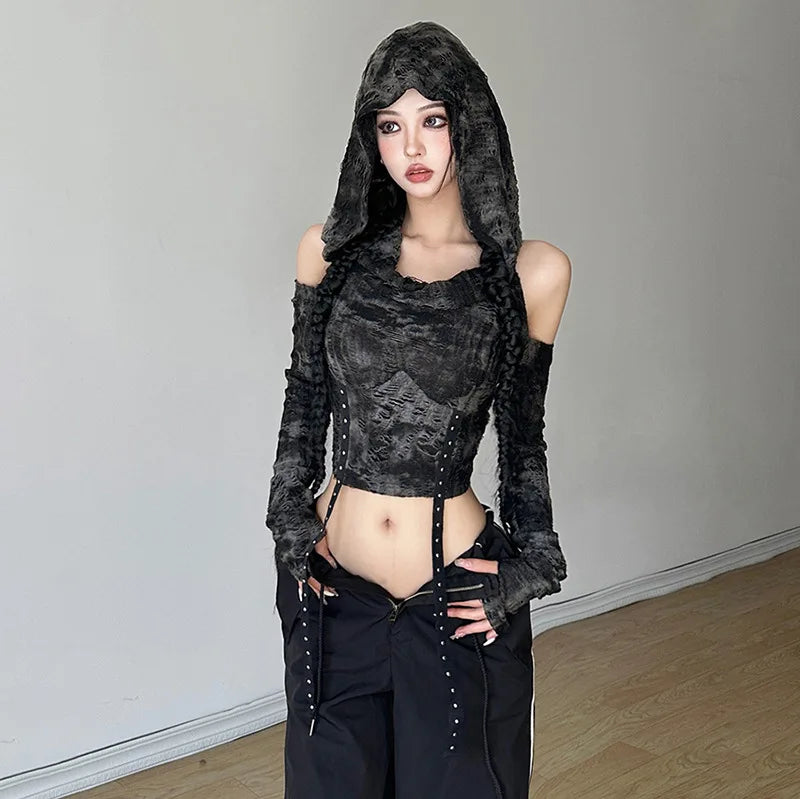 Patchwork Retro Trendy Personalized Women's Hooded Shoulder Short Top: High Street Personality, Cool and Sexy Youth Girls Fashion