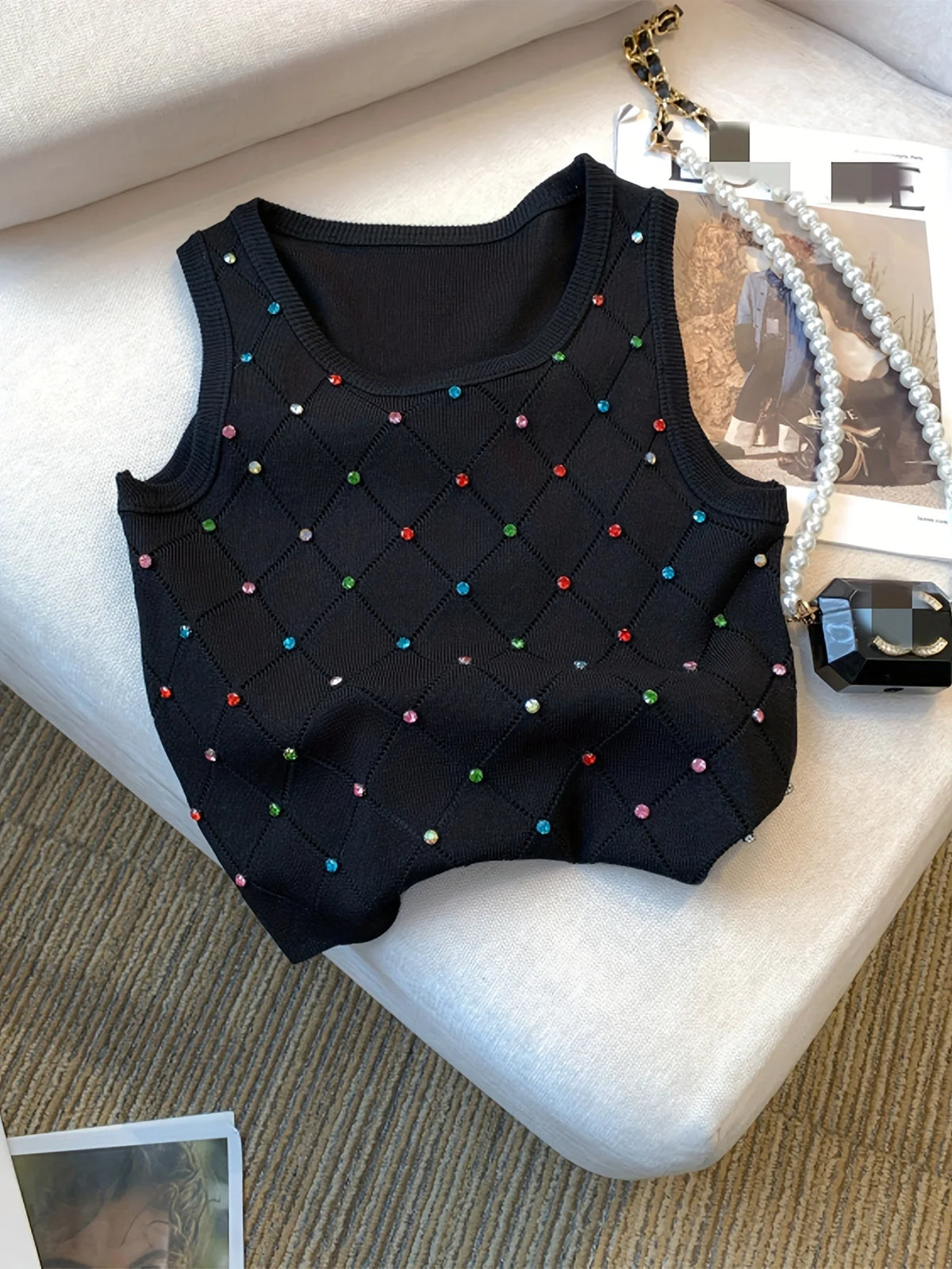 Colorful Rhinestone Knitted Tank Top - Casual Crew Neck Sleeveless Crop Top for Summer Women