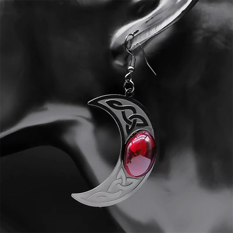 Gothic Dark Celtic Moon Drop Earrings – Stainless Steel with Red Stone, Crescent Wicca Witch Knot Dangle Earrings, Goth Jewelry