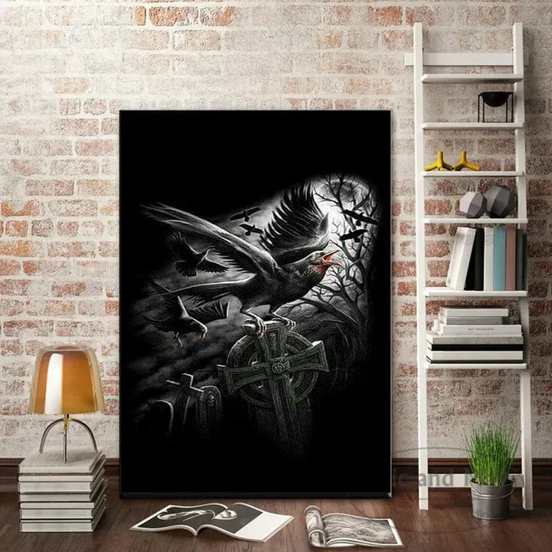 Classic Nordic Gothic Wall Art - Horror Raven Dark World HD Oil on Canvas Posters and Prints for Living Room, Bedroom, Street Decor Gift