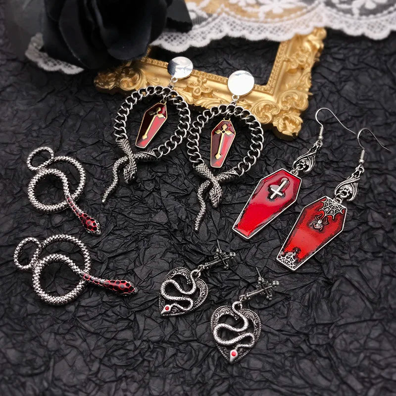 Dark Gothic Vintage Drop Earrings – Bat, Coffin, and Snake Design for Women, Punk Goth Halloween Jewelry, Lolita Accessories