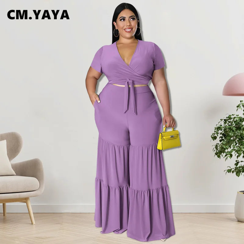 CM.YAYA Elegant Plus Size Loose Lantern Flare Trousers Suit - Women's Tie Crop Top and Straight Pants Two Piece Set