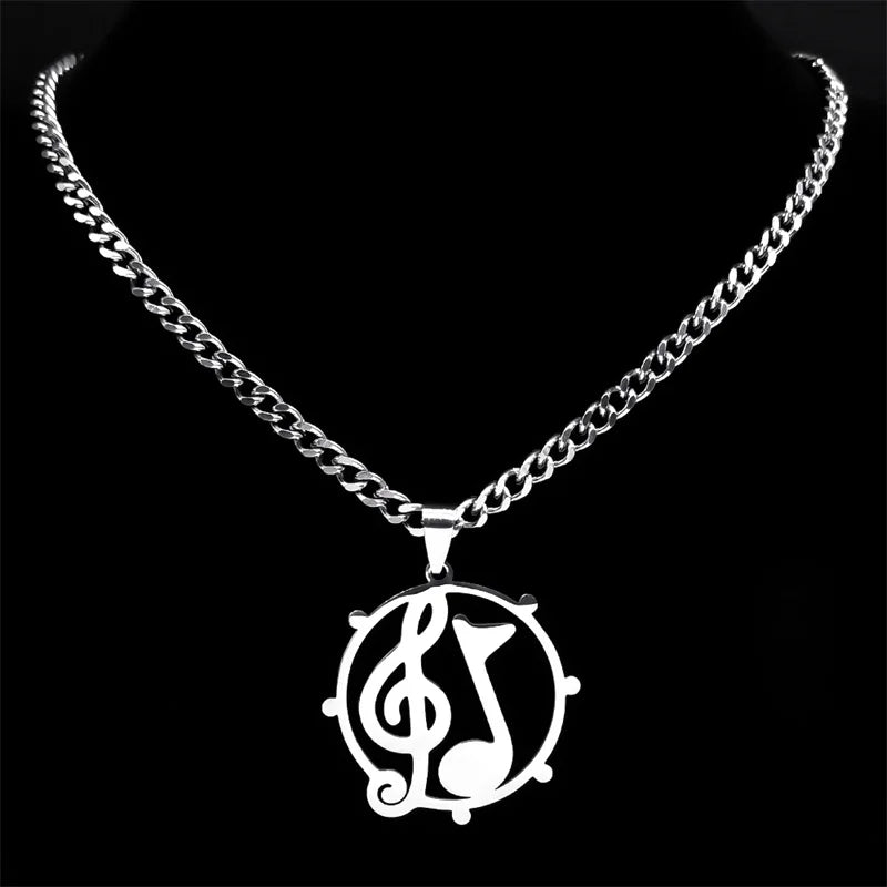 Stainless Steel Musical Note Pendant Necklace for Women and Men, Hip Hop Rock Music Band Jewelry