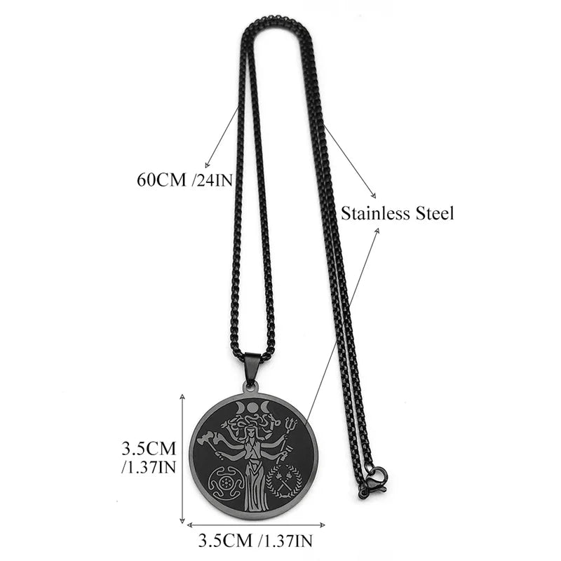 Wicca Triple Moon Goddness Hekate Wheel Torch Pendant Necklace For Women Men Stainless Steel Dark Style Snake Trident Jewelry