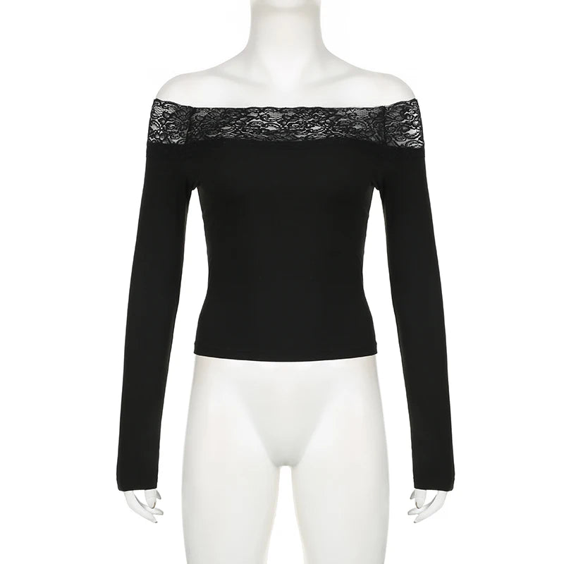 CIBBAR Black Lace Stitched Slash Neck Crop Top - Elegant Sexy Long Sleeve T-Shirt for Women, Perfect Autumn Basic