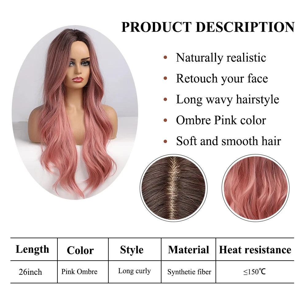 Pink Wigs for Women Long Wavy Wig Middle Part | Cosplay Wig Synthetic Heat Resistant | Natural Hair Looking Wig