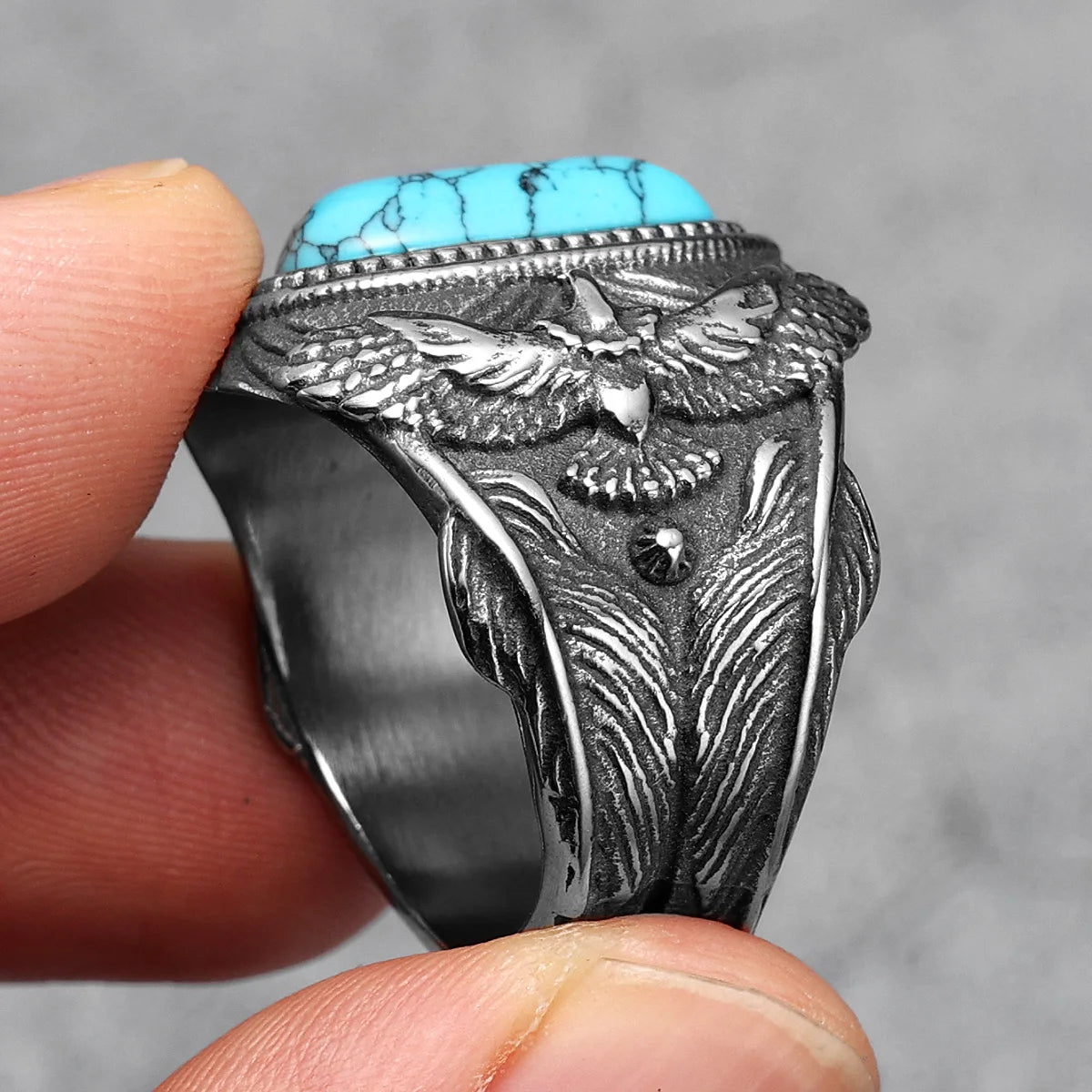 M316L Stainless Steel Eagle Ring – Trendy Turquoise Gemstone, Punk Rock Style for Men, Perfect Boyfriend Jewelry Gift