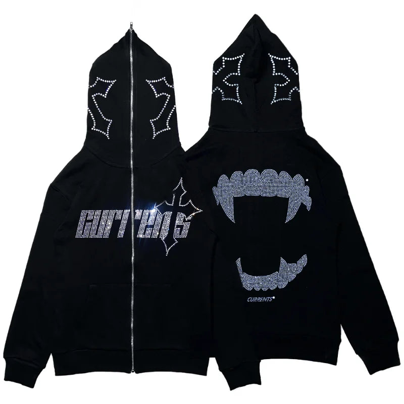 Women Men Y2K Fashion Hoodie Rhinestones Graphics Print Zip Hoodie clothes Hoodies Goth Long Sleeve Sweatshirt Oversized Top