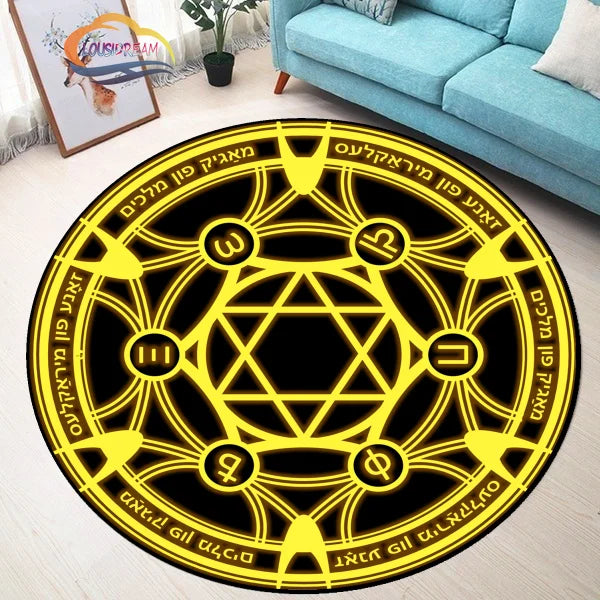 Pentacle Symbol Rug, Pentagram Patterned Round Carpet, Satan  Devil's Trap, White  on Black Supernatural Carpet