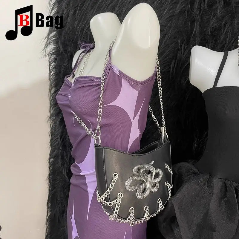 Y2K Girl Vintage Harajuku Lolita Punk Women Fashion Chain PU Leather Underarm Handbag | Snake Decoration One Shoulder Bag