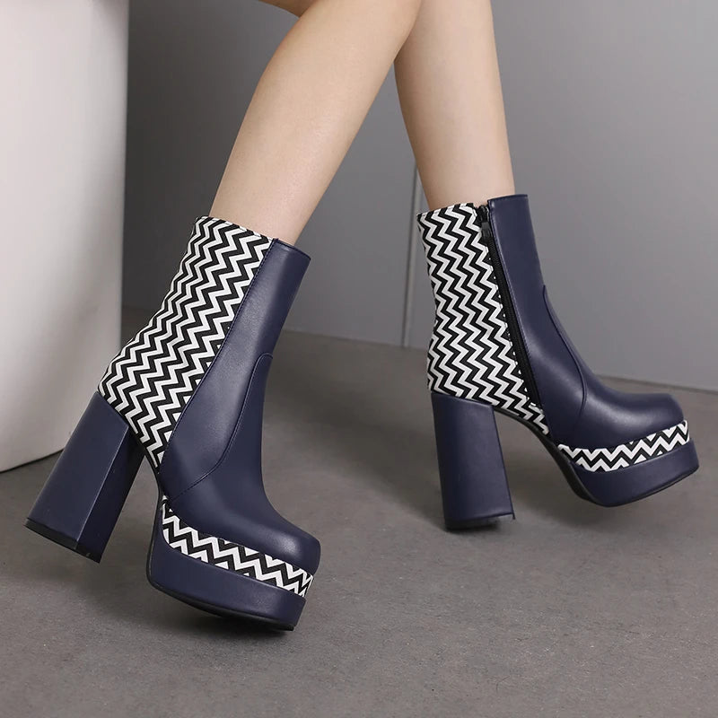 Printed Stripe Color-Matching Short Boots – Korean Style Platform Boots with Super High Thick Heels for Women