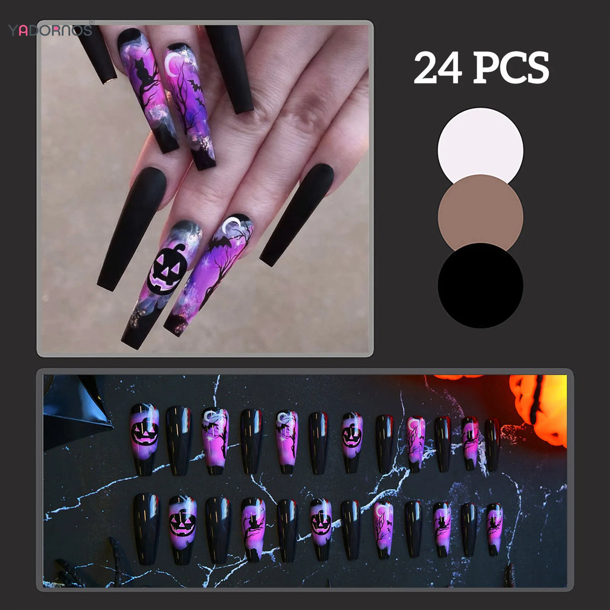 24Pcs Elegant Black Coffin Press-On Nails – Glossy Short Length, Pearl Heart & Bow Accents, Wearable False Nails for Women