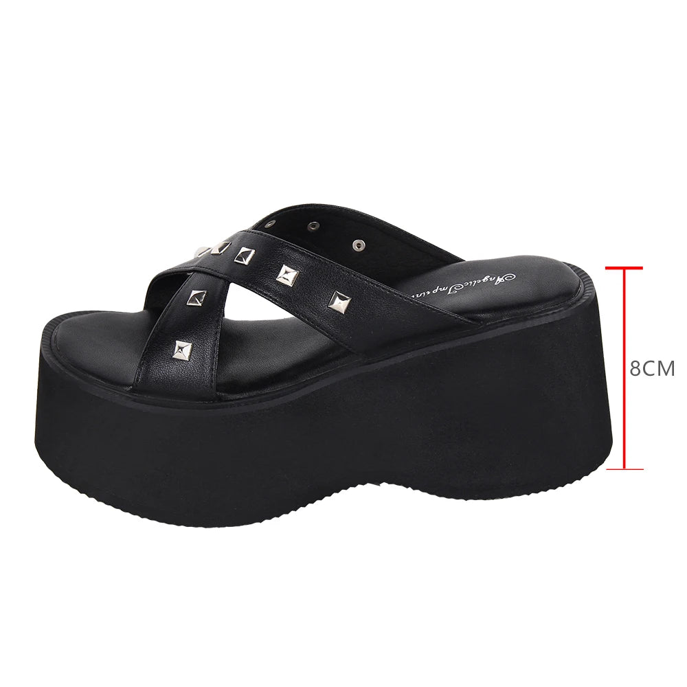 Women’s Lolita Punk Sandals - Chunky Slip-On with Cross Strap and Rivet Detail Platform Shoes