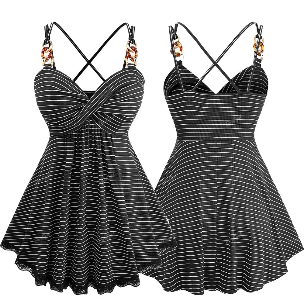 ROSEGAL Plus Size Striped Backless Camisole Top | Black Twist Lace Trim Crisscross Strappy Chain Vest | Women's Summer Casual Tops